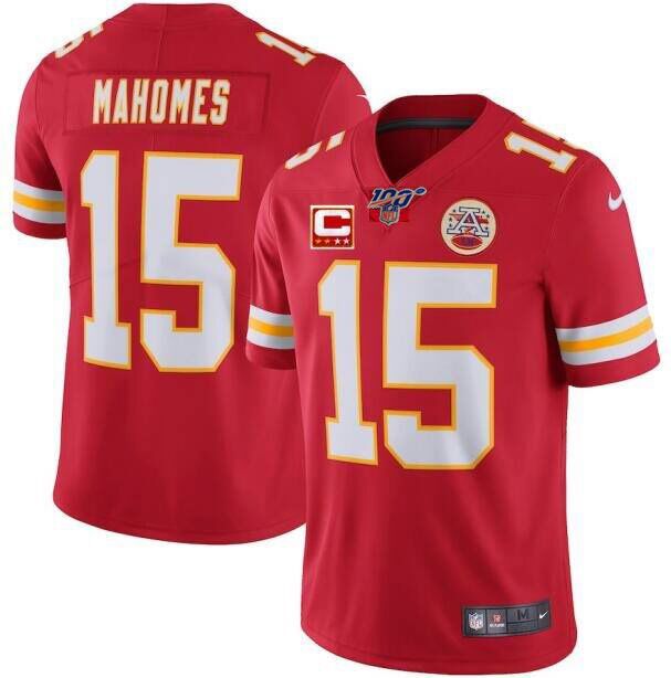 Men's Kansas City Chiefs #15 Patrick Mahomes Red 2019 100th Season With C Patch Limited Stitched NFL Jersey